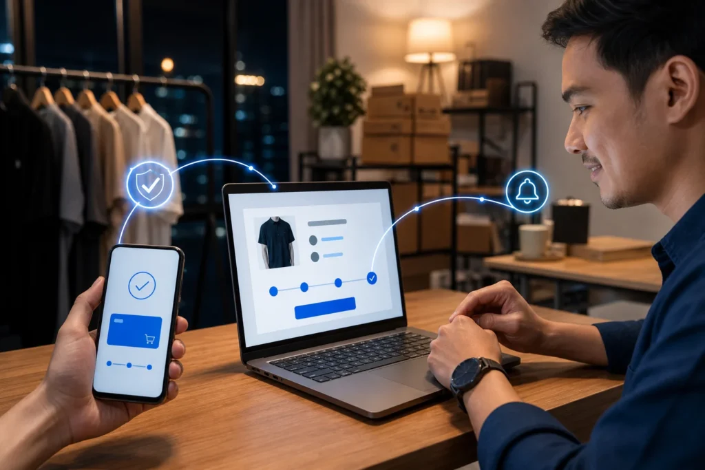 Merchant online memantau proses payment gateway melalui laptop dan ponsel