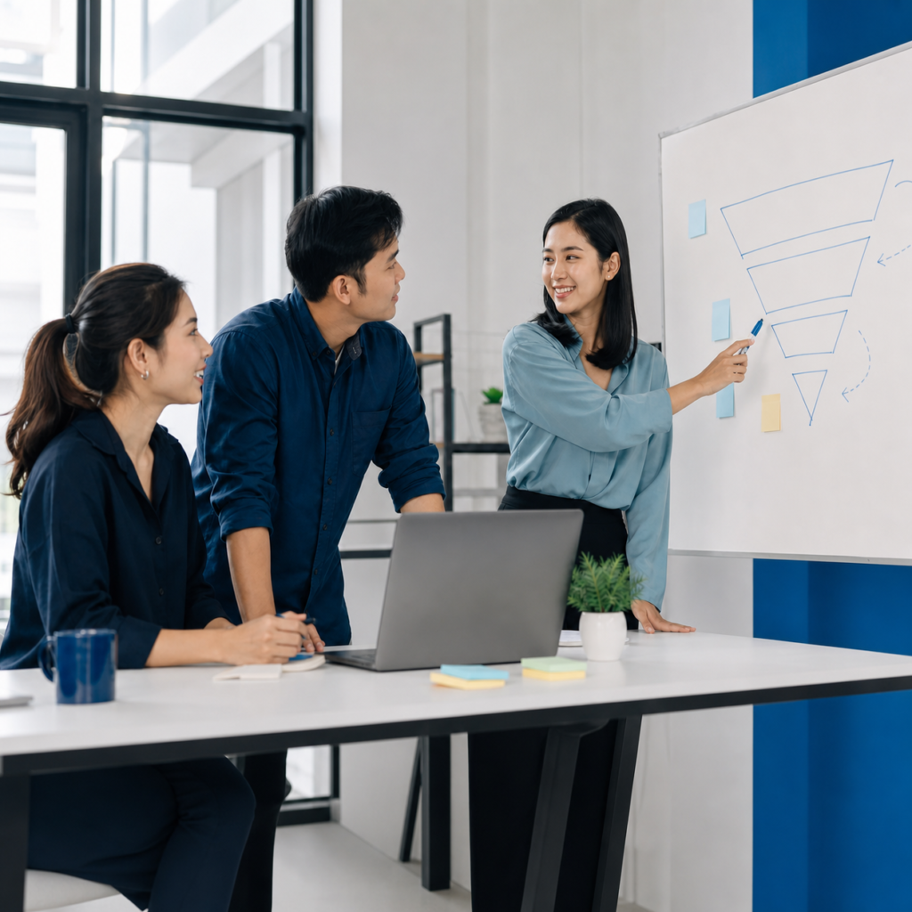 Tim UMKM menyusun strategi funnel marketing di depan papan tulis