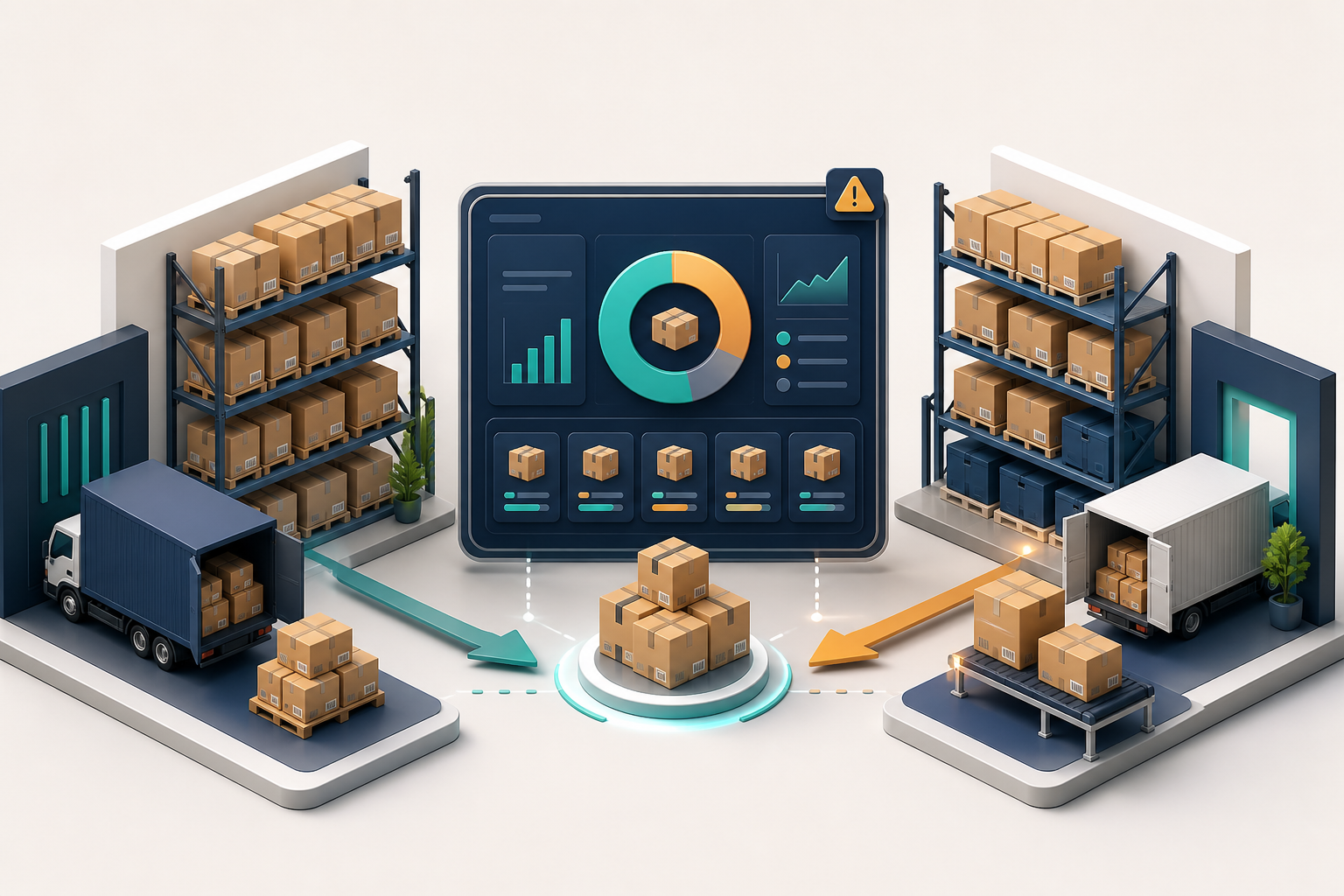 Ilustrasi pengelolaan stok barang dengan rak gudang, dashboard inventory, dan alur barang masuk keluar