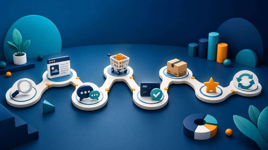 Ilustrasi customer journey dari pencarian, interaksi, pembelian, pengiriman, hingga loyalitas
