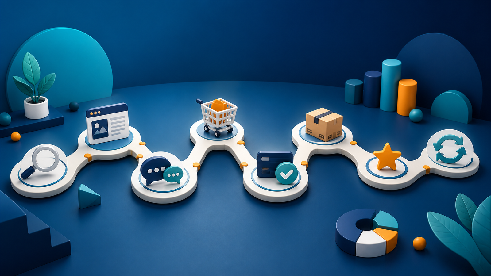 Ilustrasi customer journey dari pencarian, interaksi, pembelian, pengiriman, hingga loyalitas