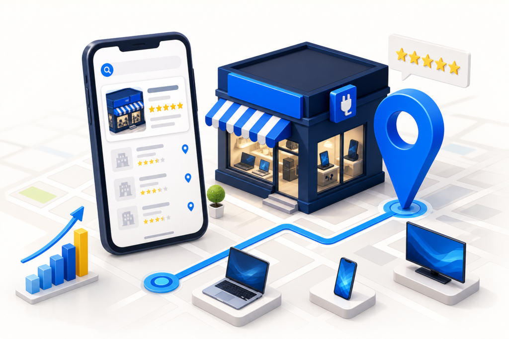Ilustrasi toko elektronik dengan profil Google Maps, pin lokasi, ulasan, dan perangkat digital
