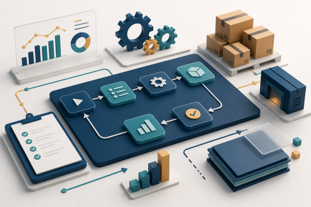 Ilustrasi sistem operasional bisnis dengan alur kerja, SOP, stok, dan dashboard kinerja