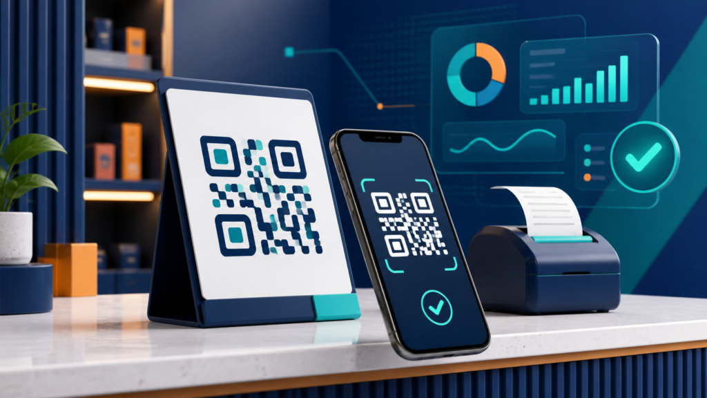 Ilustrasi pembayaran QRIS untuk bisnis dengan kode QR, ponsel, dan dashboard transaksi