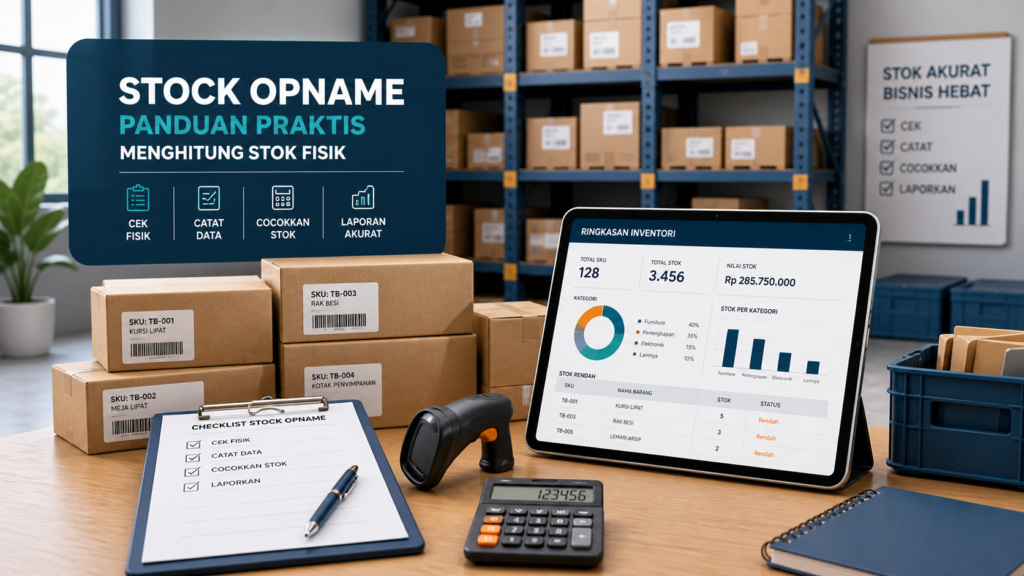 Ilustrasi stock opname dengan rak gudang, checklist, barcode scanner, dan dashboard inventory